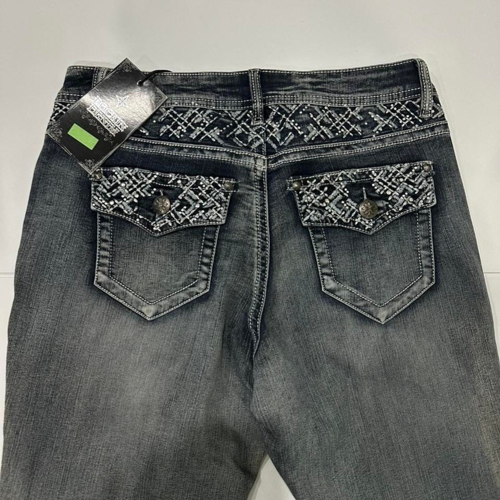 Rockin Denim black bootcut jeans with silver embroidery and studs. Size: 32